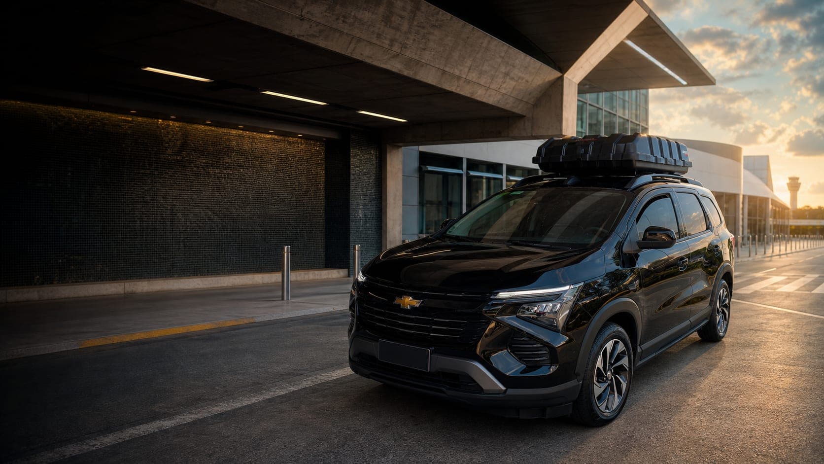 Chevrolet Spin preta com bagageiro de teto estacionada no desembarque do aeroporto
